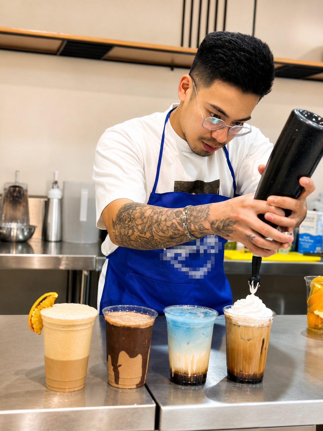 Barista finishing iced drinks with whipped cream in a beverage class
