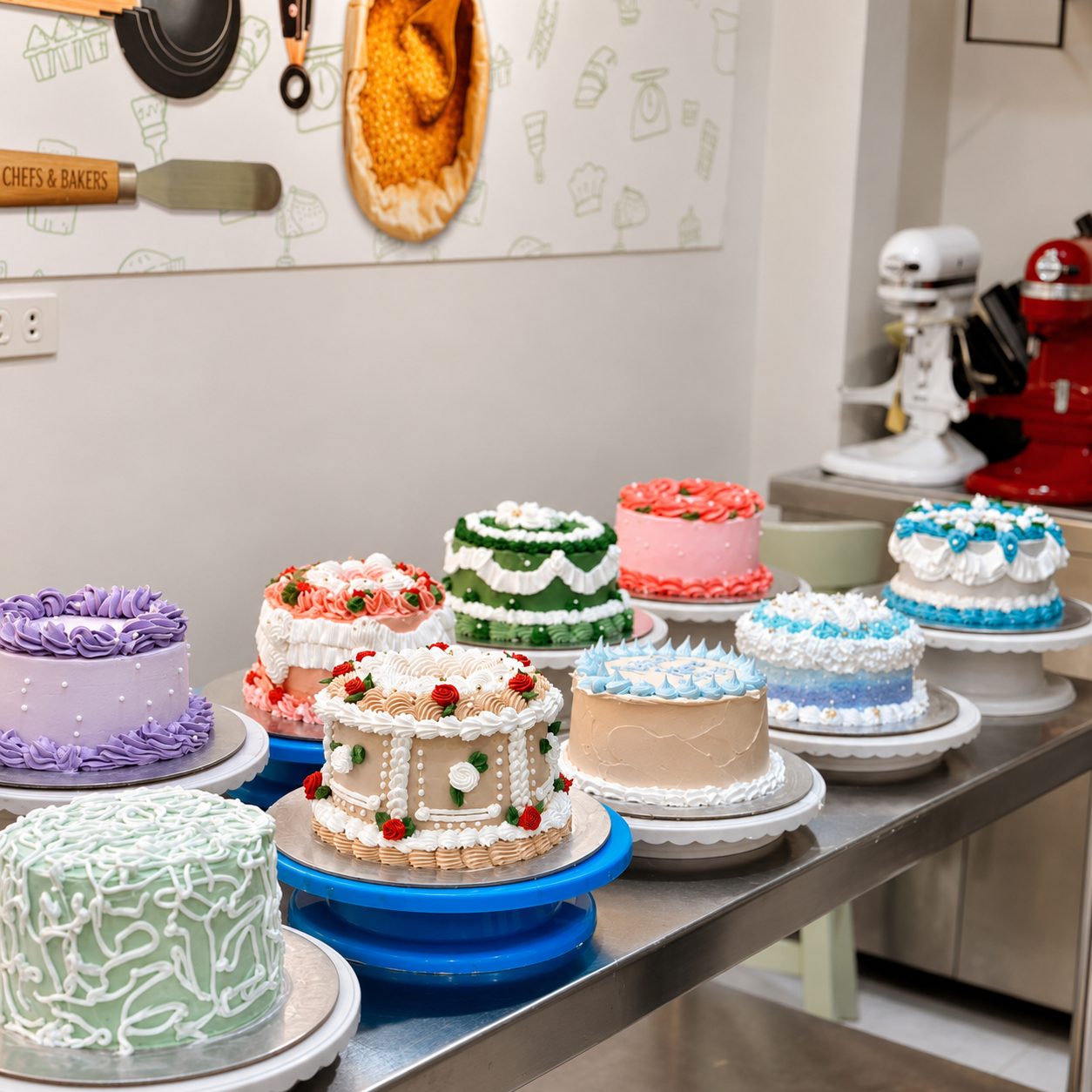 A row of student-decorated vintage cakes on turntables