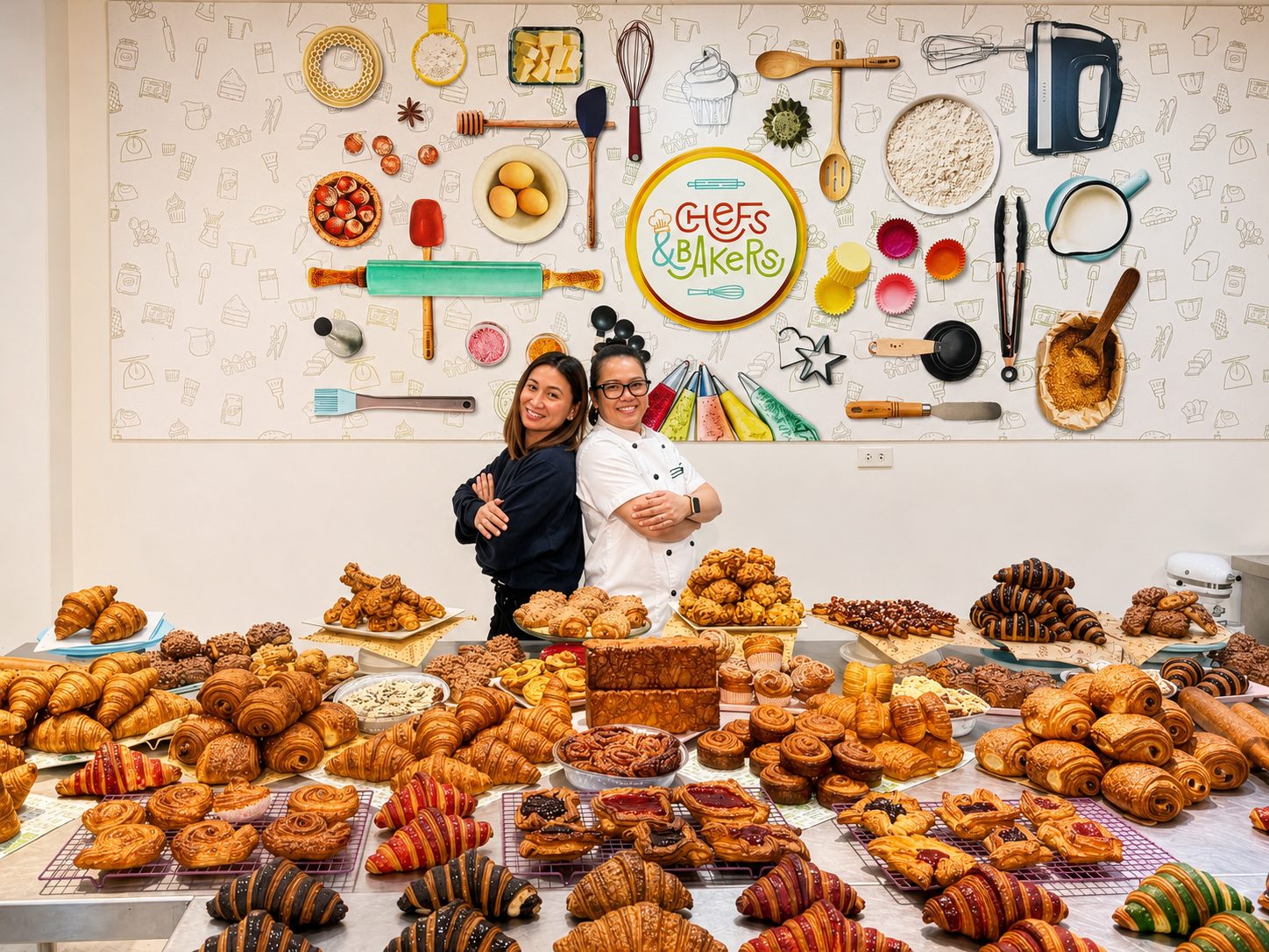 Two Chefs and Bakers instructors with a table full of fresh croissants and pastries